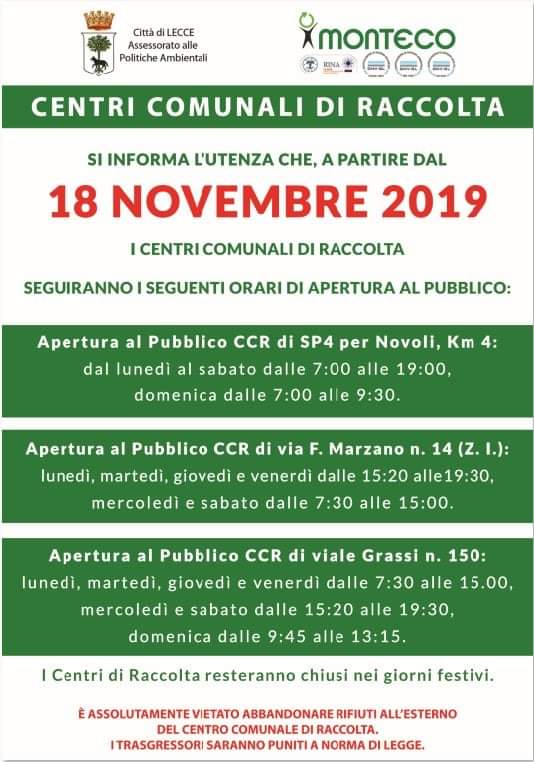 Lecce. Nuovi orari di apertura al pubblico dei Centri Comunali di Raccolta