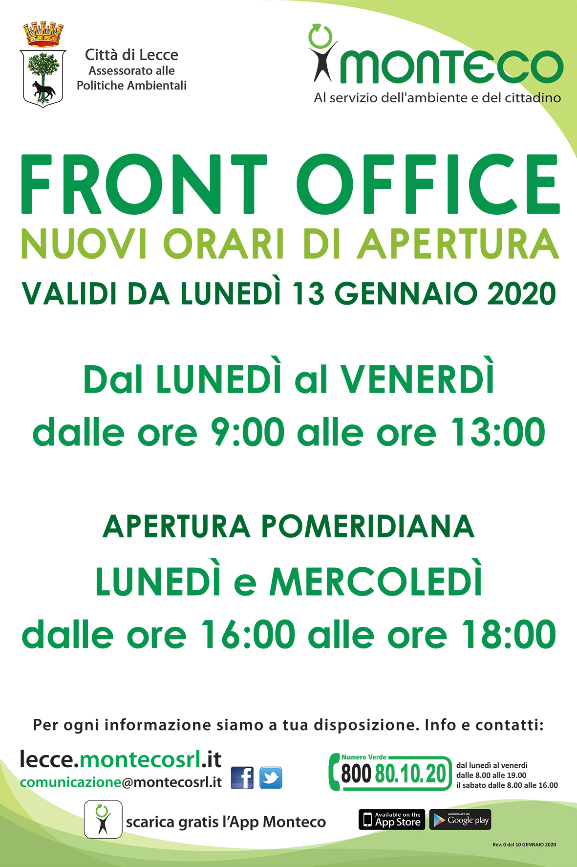 Lecce. Nuovi orari di apertura del Front Office di via A. Diaz 34