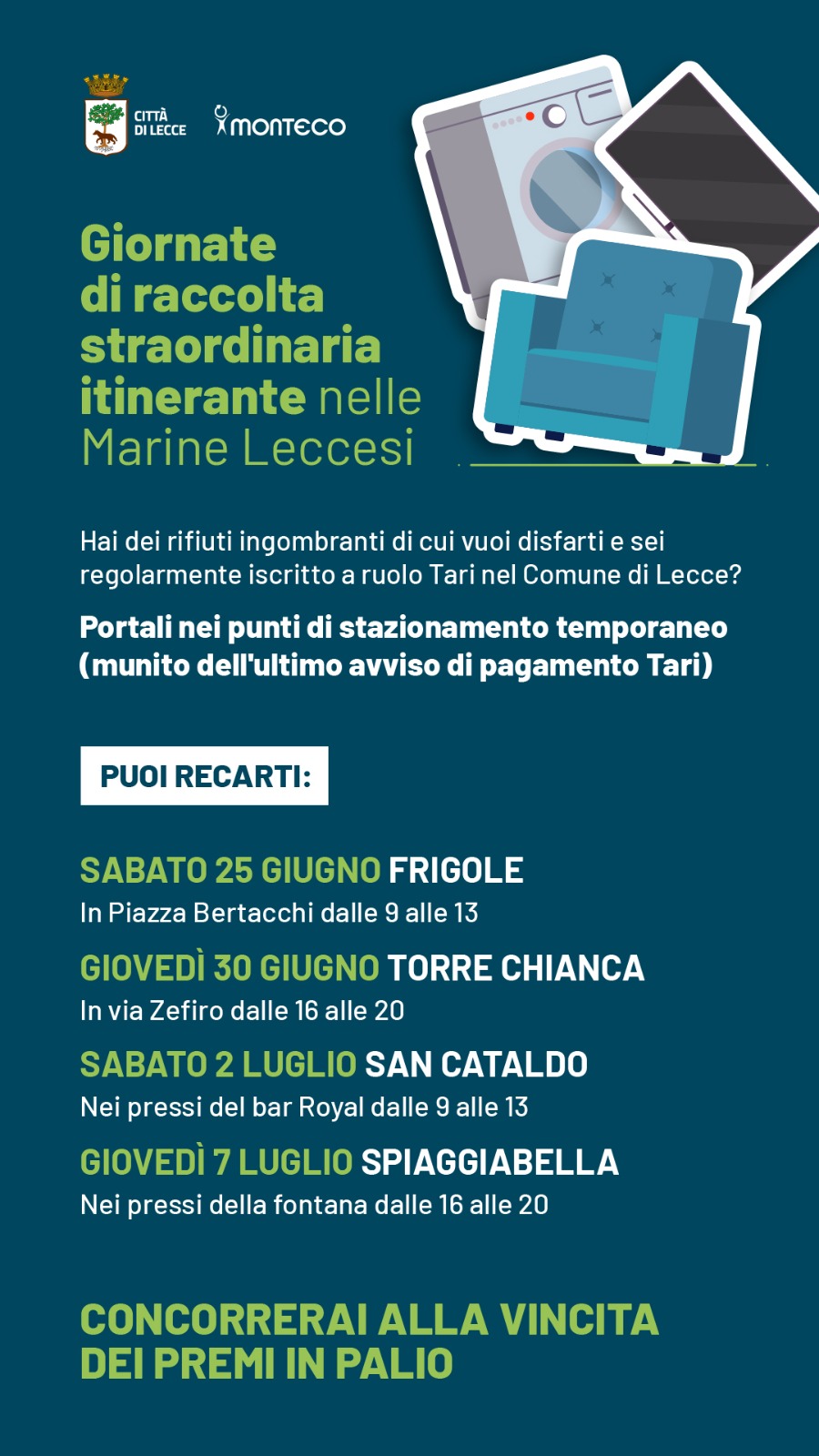 Lecce. Giornate di raccolta straordinaria dei rifiuti ingombranti nelle Marine, primo appuntamento a Frigole sabato 25 giugno 2022