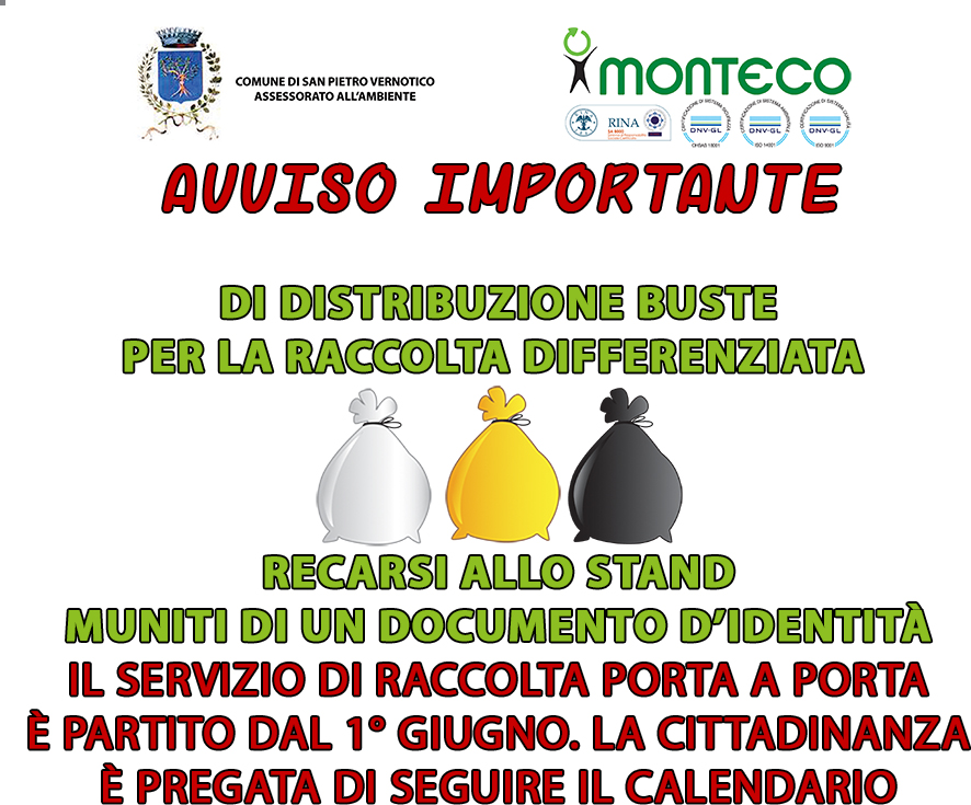 Campo di Mare. Calendario distribuzione buste per la raccolta differenziata nella marina di San Pietro Vernotico (BR)