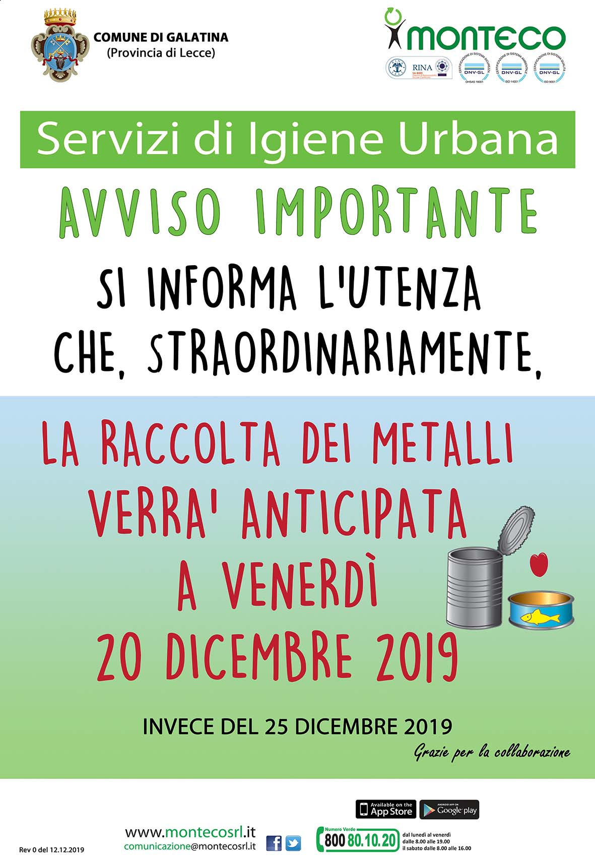 Galatina. Variazione al calendario di raccolta nella giornata festiva di mercoledì 25 dicembre 2019