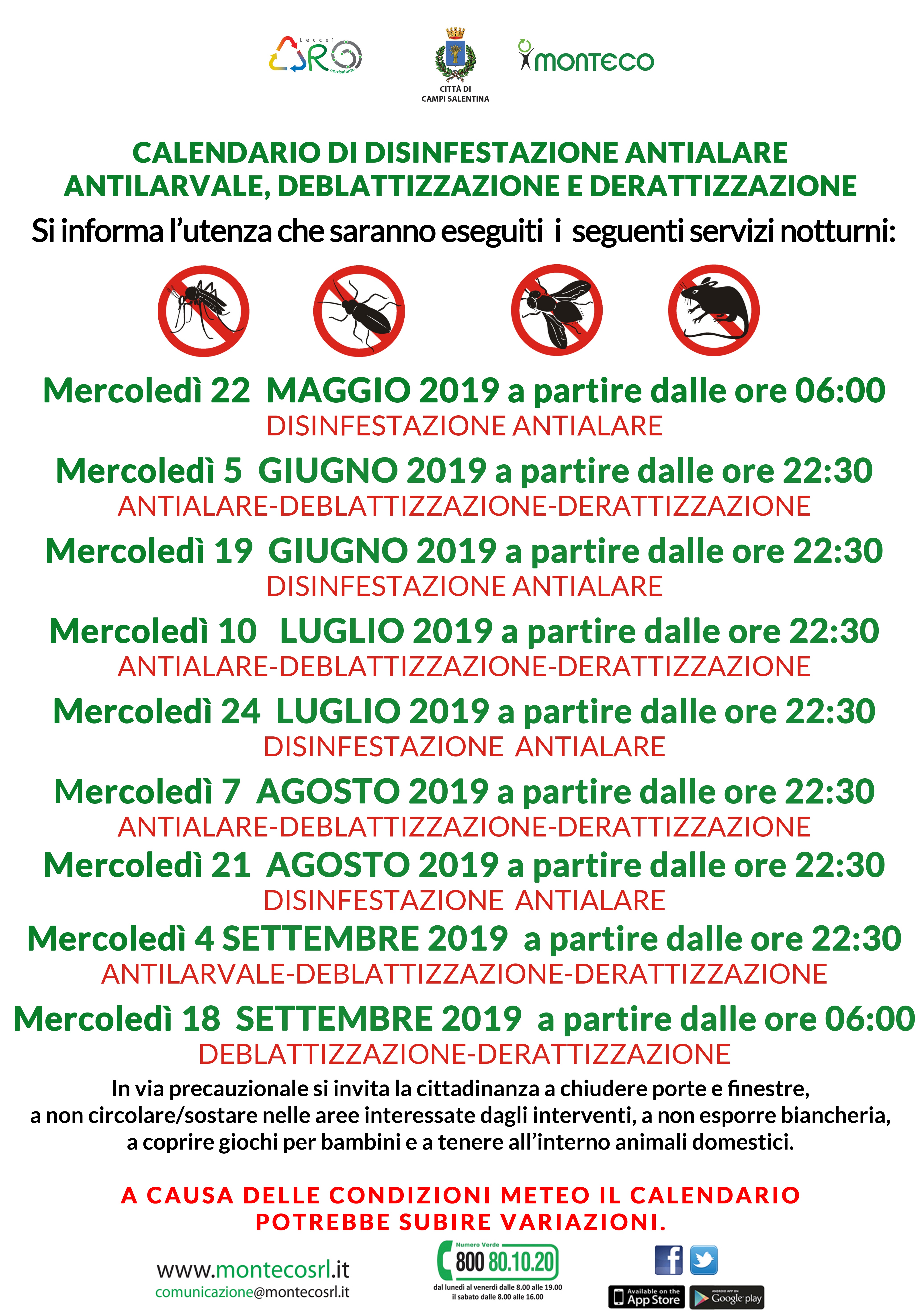 Campi Salentina - Calendario di disinfestazione antialare antilarvare, deblattizzazione e derattizzazione