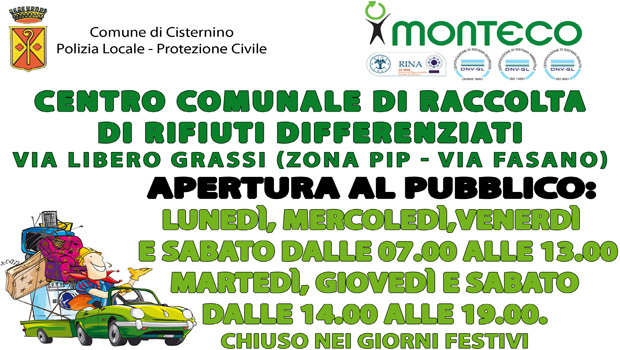 Cisternino. Attivo il Centro Comunale di Raccolta di Rifiuti Differenziati (CCR-D) sito in via Libero Grassi (Zona P.I.P. - via Fasano)