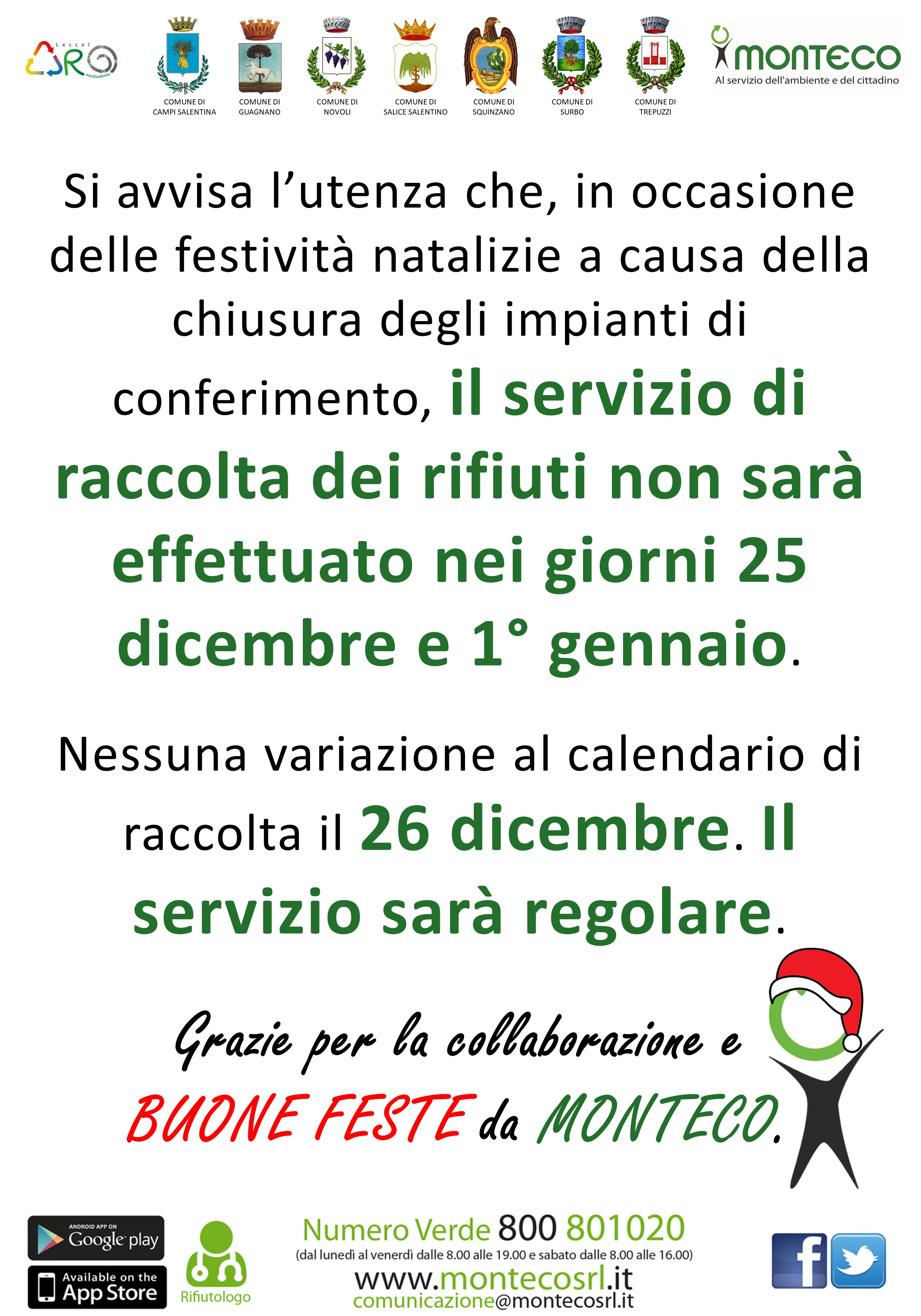 ARO LE/1: variazione calendario di raccolta in occasione delle festività natalizie