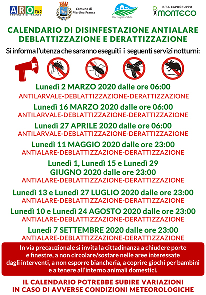 Martina Franca. Calendario disinfestazioni antialare, antilarvale, derattizzazione e deblattizzazione