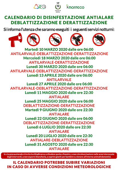 Novoli. Calendario disinfestazioni antialare, antilarvale, derattizzazione e deblattizzazione