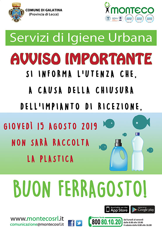 Galatina. A ferragosto, a causa della chiusura dell'impianto di ricezione, non sarà raccolta la plastica