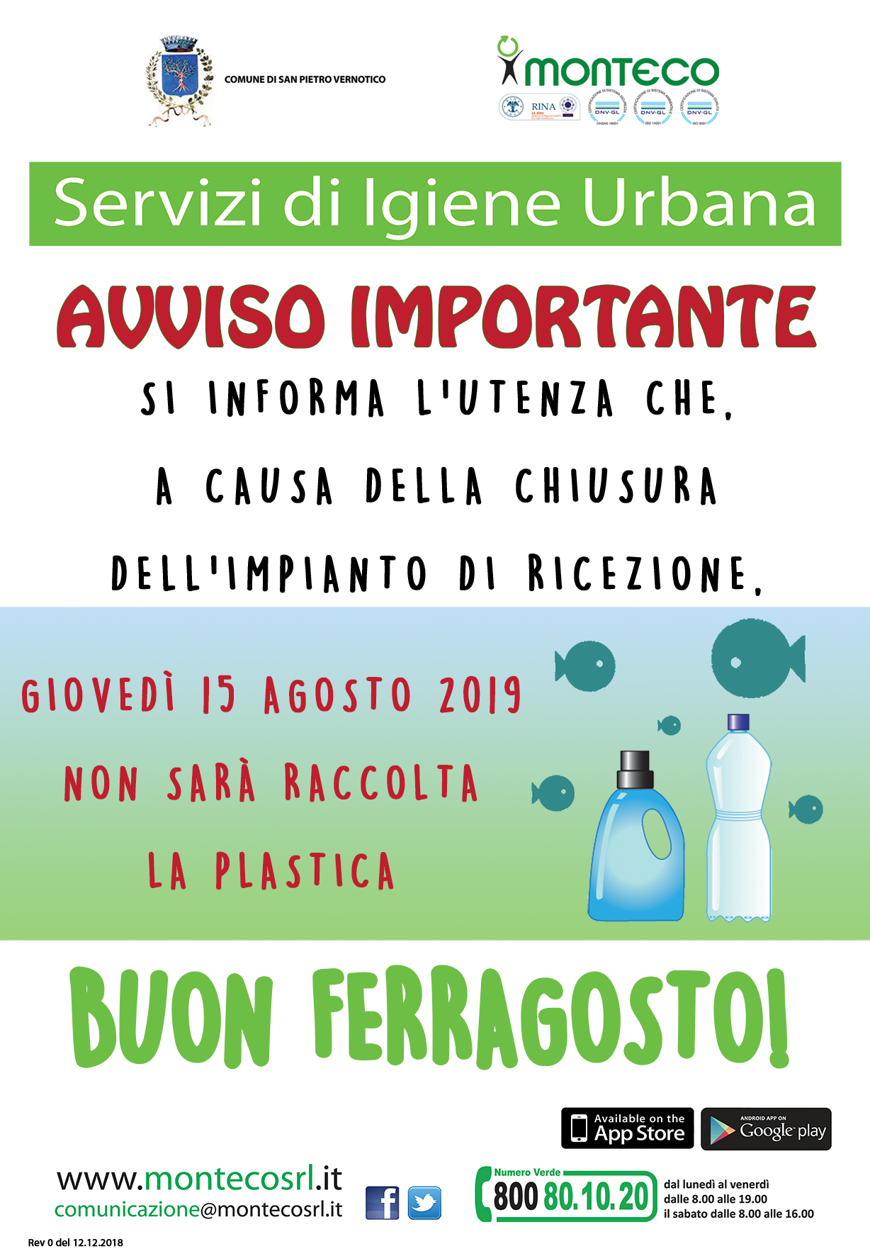 San Petro V.co. A ferragosto, a causa della chiusura dell'impianto di ricezione, non sarà raccolta la plastica