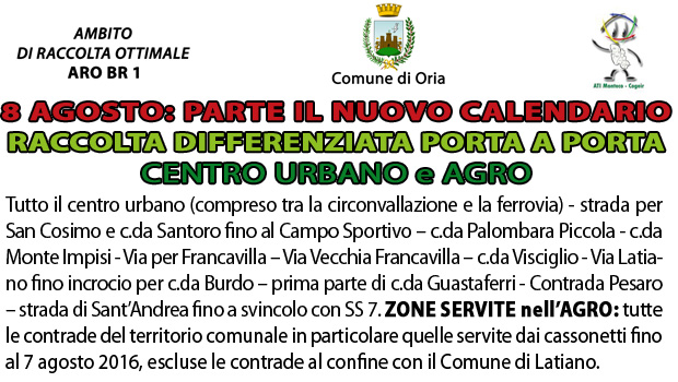 Oria: cambia il calendario di raccolta nel Centro Urbano e nell'Agro