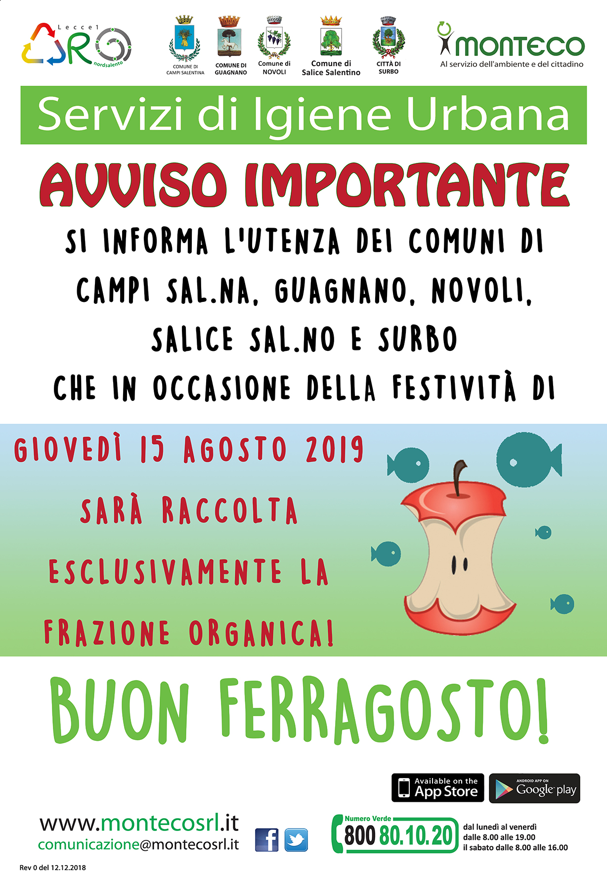 ARO LE 1. Variazione al calendario di raccolta in occasione di ferragosto