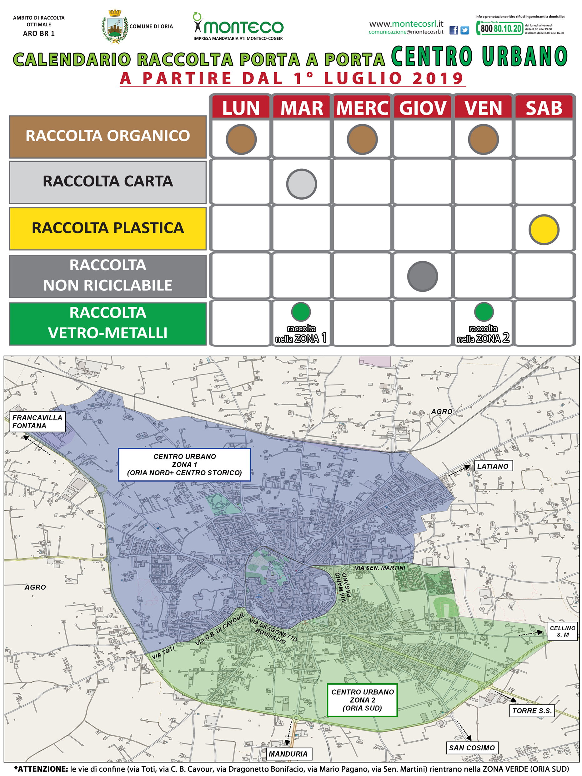 Oria: i giorni di raccolta di vetro e metalli variano in base alla zona dal 1° luglio 2019