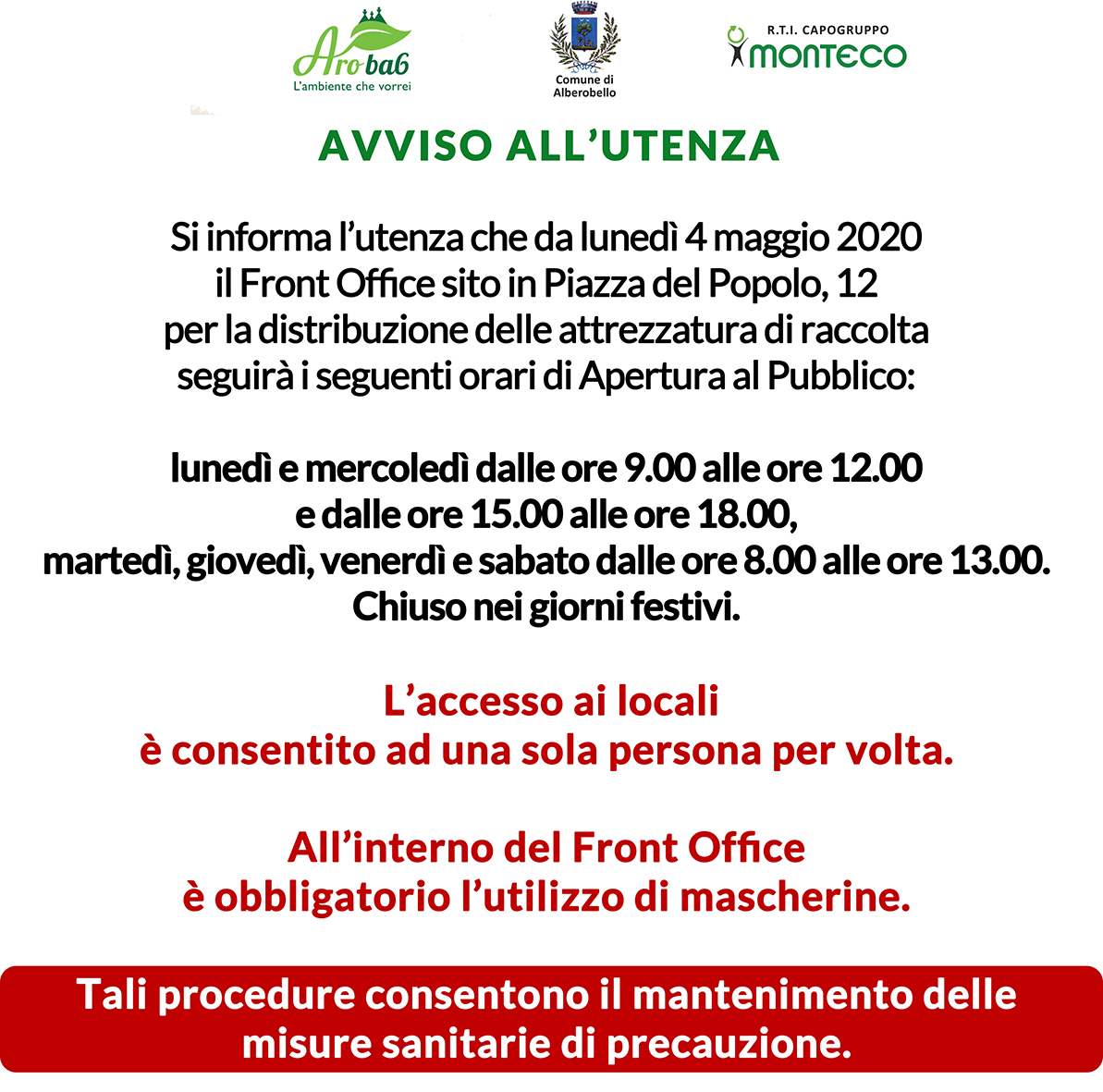Alberobello. Riapertura Front Office per la distribuzione delle attrezzature di raccolta
