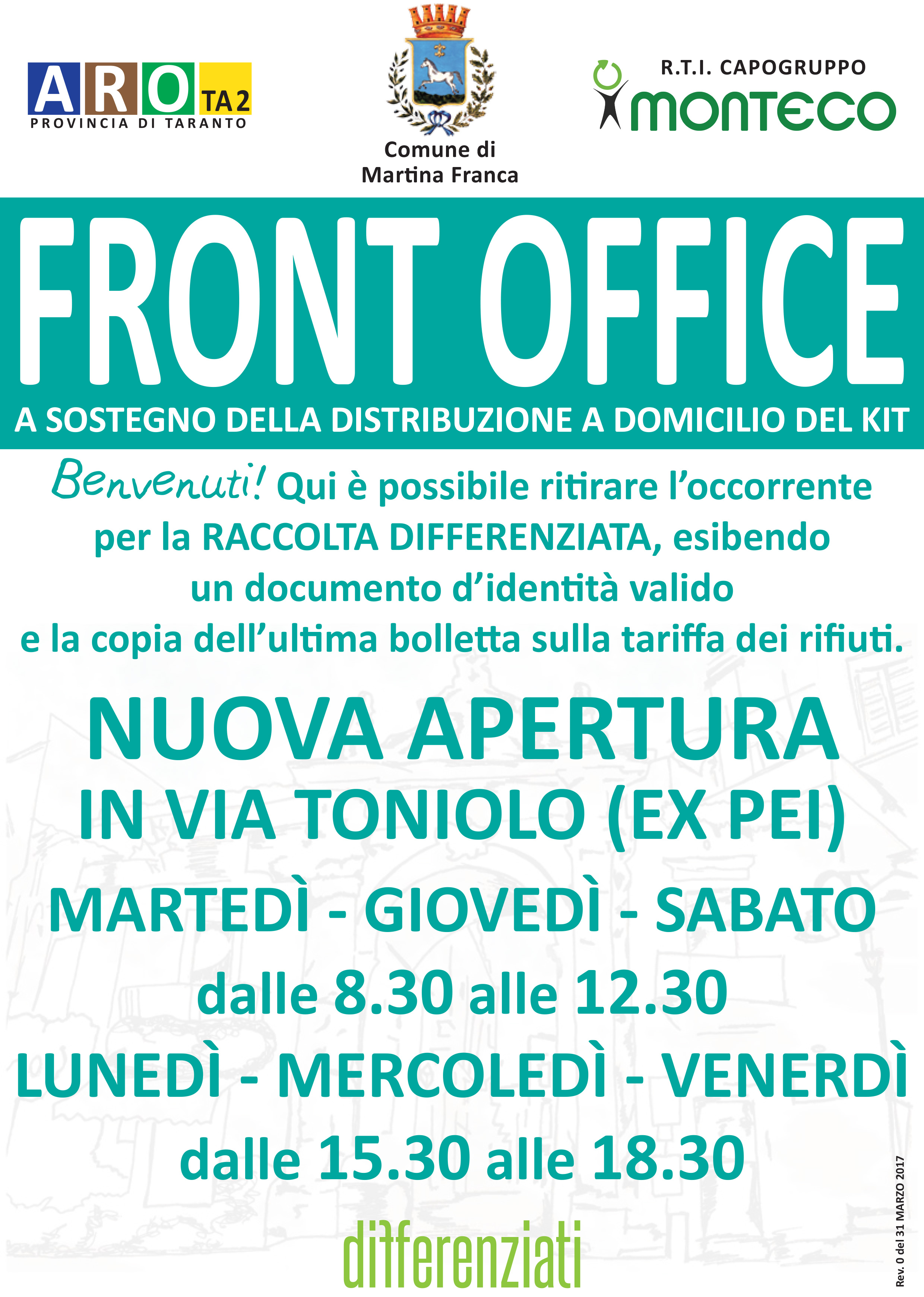 Martina Franca: Apertura di un nuovo Front Office in Via Toniolo (ex PEI)