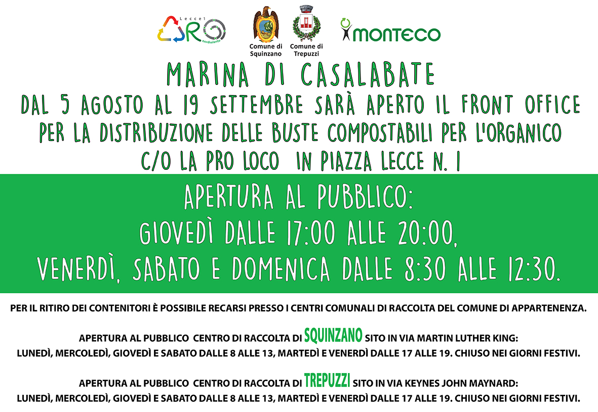 Casalabate: dal 5 agosto 2021 apre il Front Office per la distribuzione delle buste compostabili